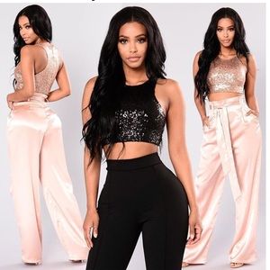 Champagne shiny wide leg waist tie pants